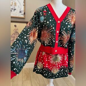 New! Rare! QUEEN OF SPARKLES Sequin Firework and Pearl Knit Cardigan & Skirt Set